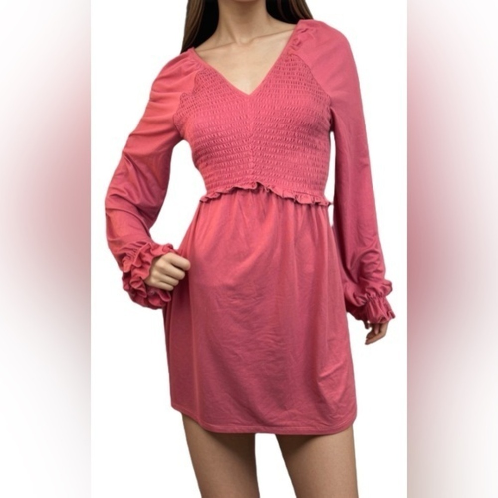 LOVE, FIRE Long-Sleeved Smocked Mini Dress
